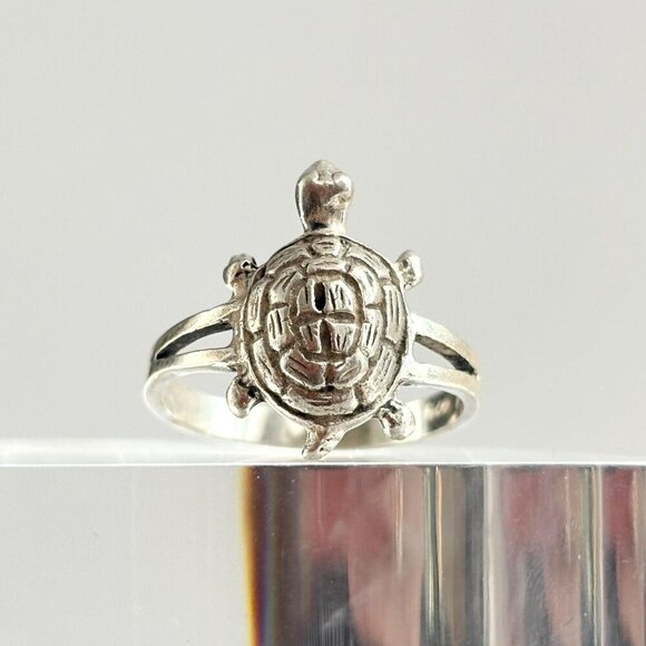 Vintage Hand Carved Turtle Figural Shaped Sterling Silver Ring - sz 6.25 & 8 - Picture 1 of 10